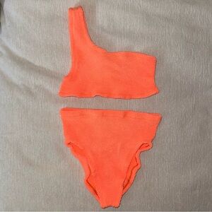 New Hunza G Bikini Set Orange Nancy One Shoulder High Waisted Style Crinkle